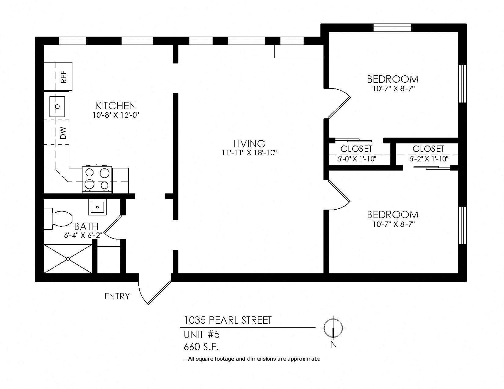 Floor plan for 2 beds, 1 bath, 695 sqft